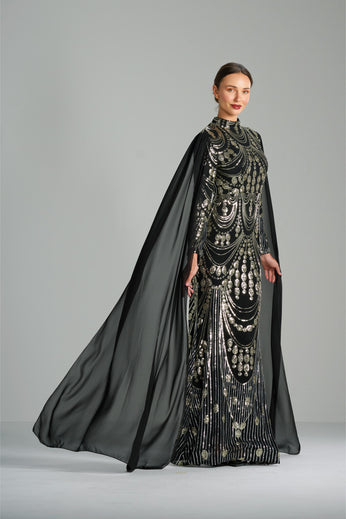 LAILA - Black and Silver Sequin Gown with Flowing Cape