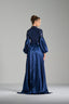 VICTORIA – Midnight Blue Sequin Gown with Satin Puff Sleeves