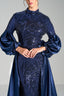 VICTORIA – Midnight Blue Sequin Gown with Satin Puff Sleeves