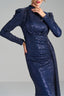 MELANIA – Navy Sequin Draped Long Sleeve Gown