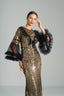 MATILDA - Black and Gold Sequin Gown with Ruffled Tulle Sleeves