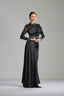 CHARLENE – Black Embellished Sheer-Sleeve Satin Gown