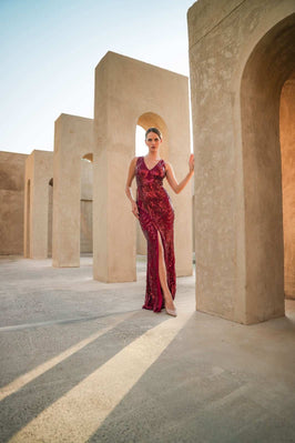 VALENTINA – SEQUIN EVENING GOWN WITH FRONT SLIT