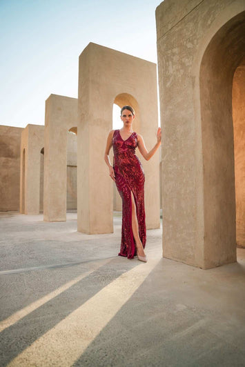 VALENTINA – SEQUIN EVENING GOWN WITH FRONT SLIT