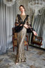 MATILDA - Black and Gold Sequin Gown with Ruffled Tulle Sleeves