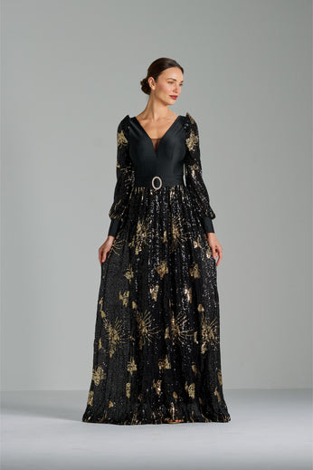 NOORA - Black and Gold Sequin Evening Gown with Statement Belt