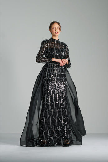 SELENA - Black Sequin Gown with Sheer Sleeves