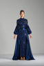 VICTORIA – Midnight Blue Sequin Gown with Satin Puff Sleeves