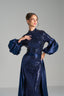 VICTORIA – Midnight Blue Sequin Gown with Satin Puff Sleeves