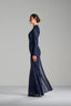 MELANIA – Navy Sequin Draped Long Sleeve Gown