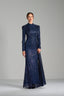 MELANIA – Navy Sequin Draped Long Sleeve Gown