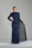 MELANIA – Navy Sequin Draped Long Sleeve Gown