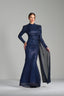 MELANIA – Navy Sequin Draped Long Sleeve Gown