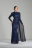MELANIA – Navy Sequin Draped Long Sleeve Gown