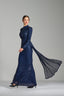 MELANIA – Navy Sequin Draped Long Sleeve Gown