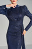 MELANIA – Navy Sequin Draped Long Sleeve Gown