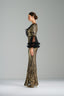 MATILDA - Black and Gold Sequin Gown with Ruffled Tulle Sleeves