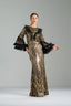 MATILDA - Black and Gold Sequin Gown with Ruffled Tulle Sleeves