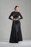 CHARLENE – Black Embellished Sheer-Sleeve Satin Gown