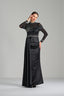 CHARLENE – Black Embellished Sheer-Sleeve Satin Gown