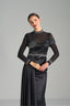 CHARLENE – Black Embellished Sheer-Sleeve Satin Gown