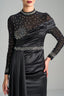 CHARLENE – Black Embellished Sheer-Sleeve Satin Gown